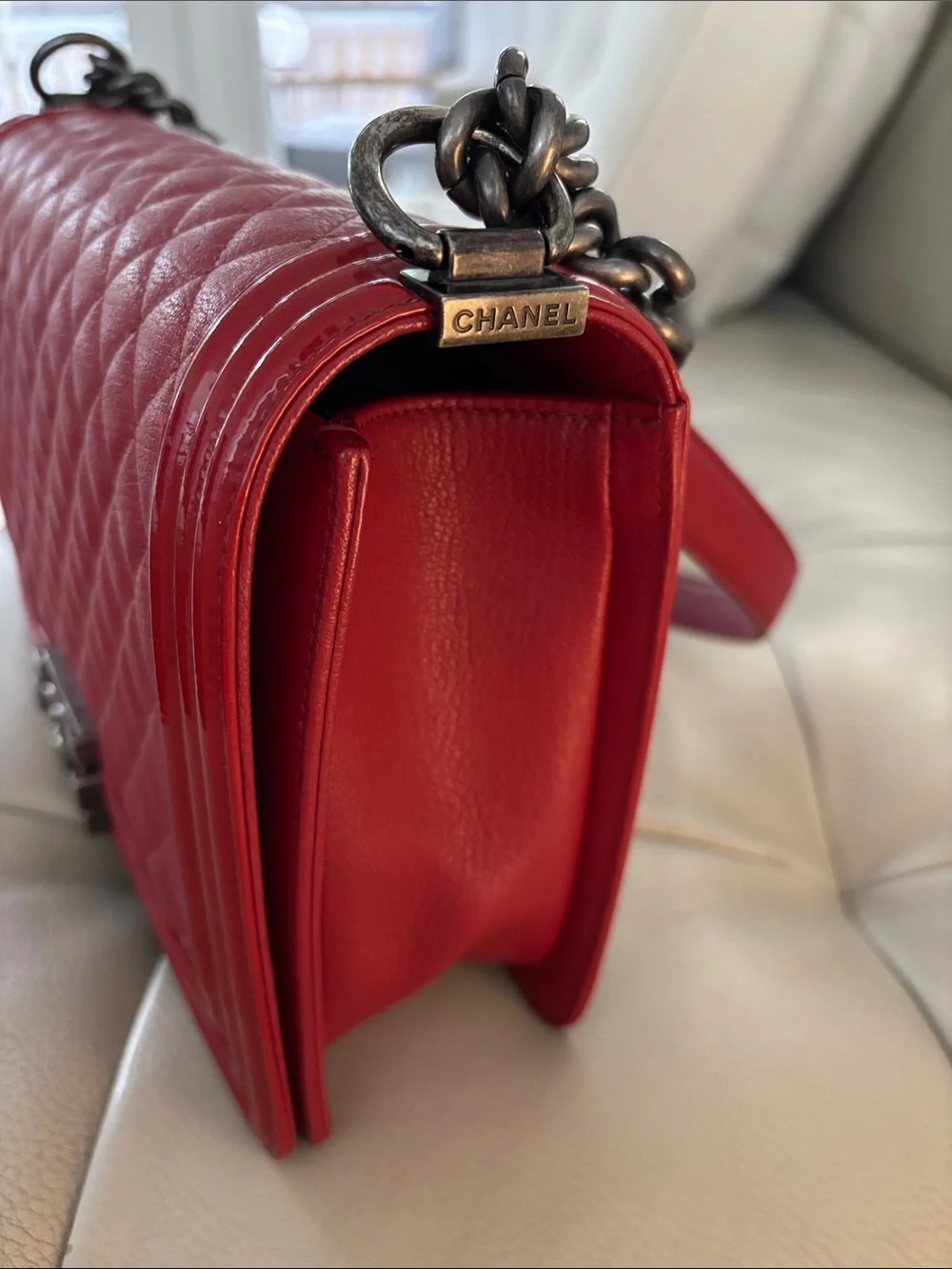 CHANEL Boy Red Quilted Leather Shoulder Bag with Chain Strap- Medium